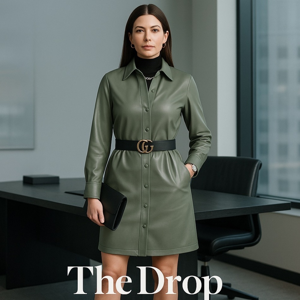 NWT,The Drop, Sam Olive Vegan Leather, Belted,Shirtdress, Button-Up, Size XXL - Picture 5 of 12